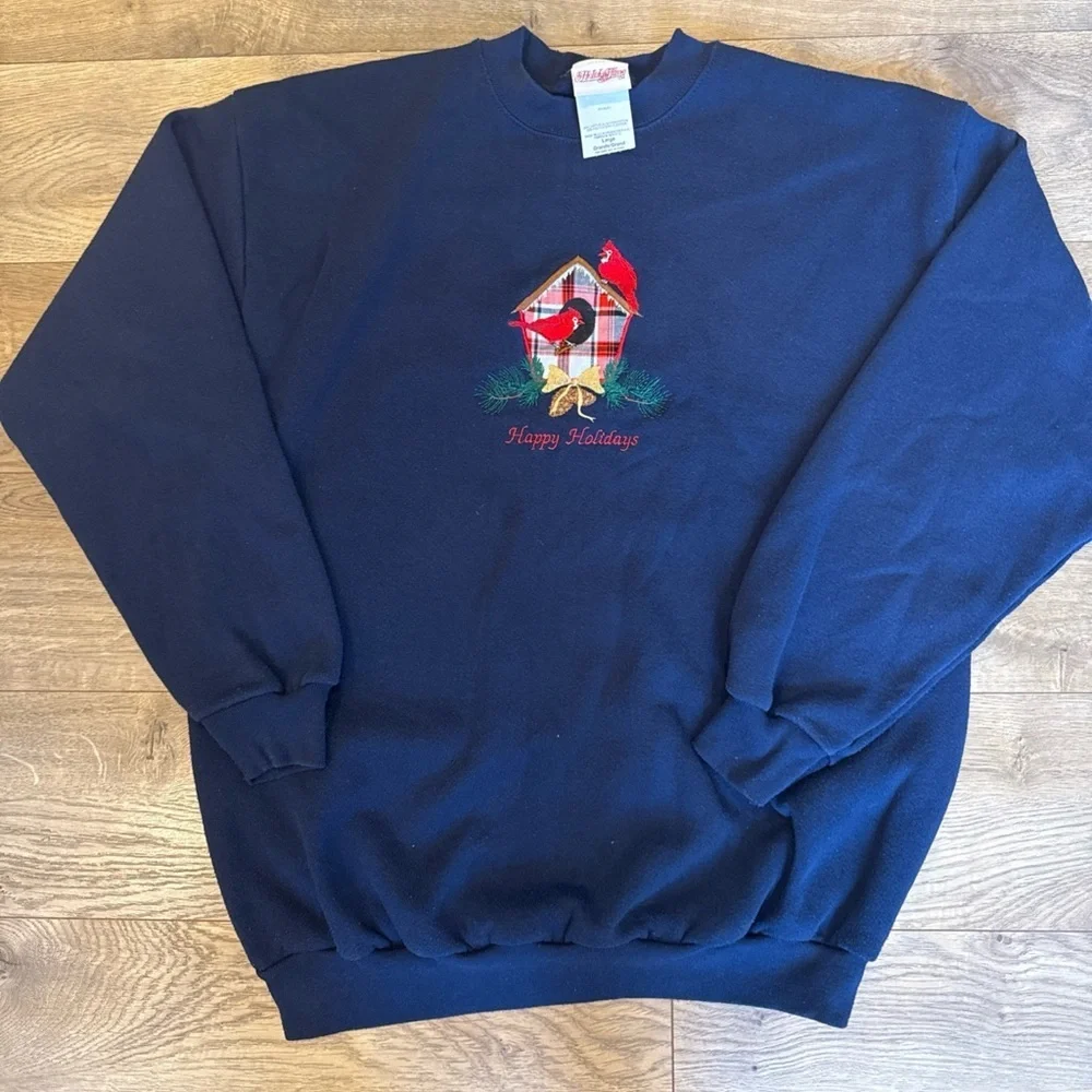 VTG 90s Red Cardinal Sweater Womens Large Navy Crewneck Sweatshirt Embroidery - Picture 1 of 6